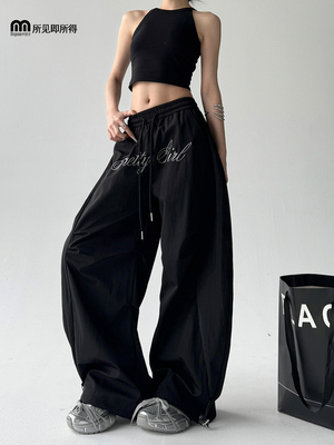 2025春夏式字母刺绣褶皱高腰宽松伞兵工装裤女设计感阔腿弯刀裤