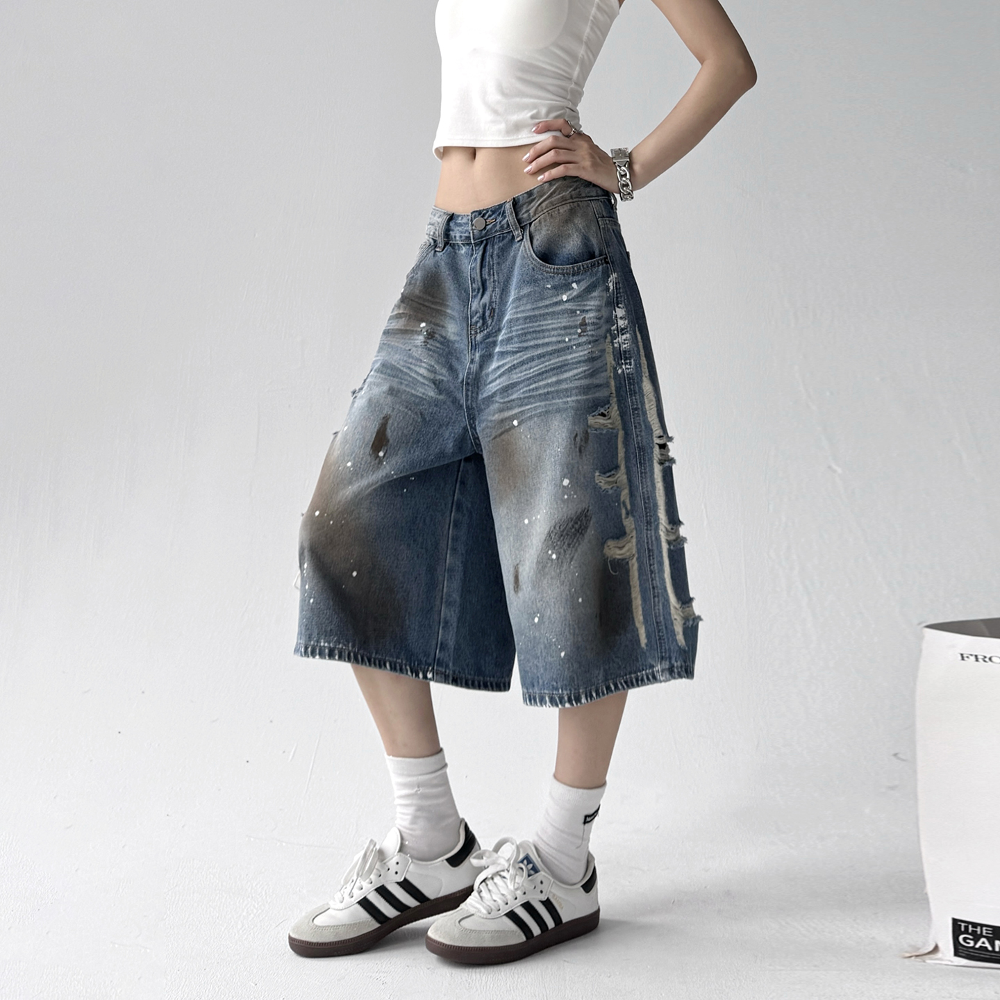 2025夏季新款泼墨破洞牛仔裤女宽松直筒阔腿裤高个子休闲七分裤子