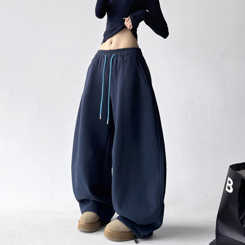 2025冬装新款抽绳弯刀卫裤女士痞帅高级感加绒廓形休闲阔腿裤子