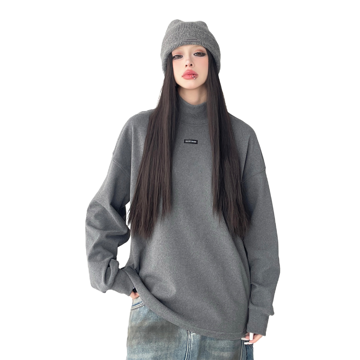 灰色简约风高领打底衫女2025冬装新款宽松oversize女士百搭上衣