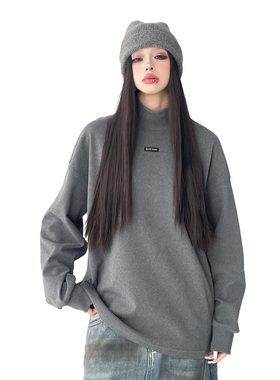 灰色简约风高领打底衫女2025冬装新款宽松oversize女士百搭上衣