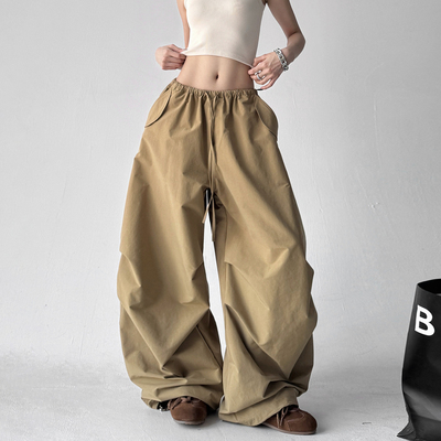 巨好看2026春夏新款工装裤休闲风高腰阔腿裤宽松卡其色松紧腰带裤