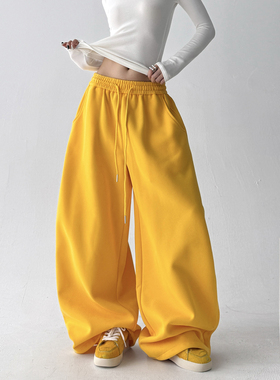美式黄色运动裤女秋冬2025新款高腰直筒宽松休闲卫裤工装阔腿裤子