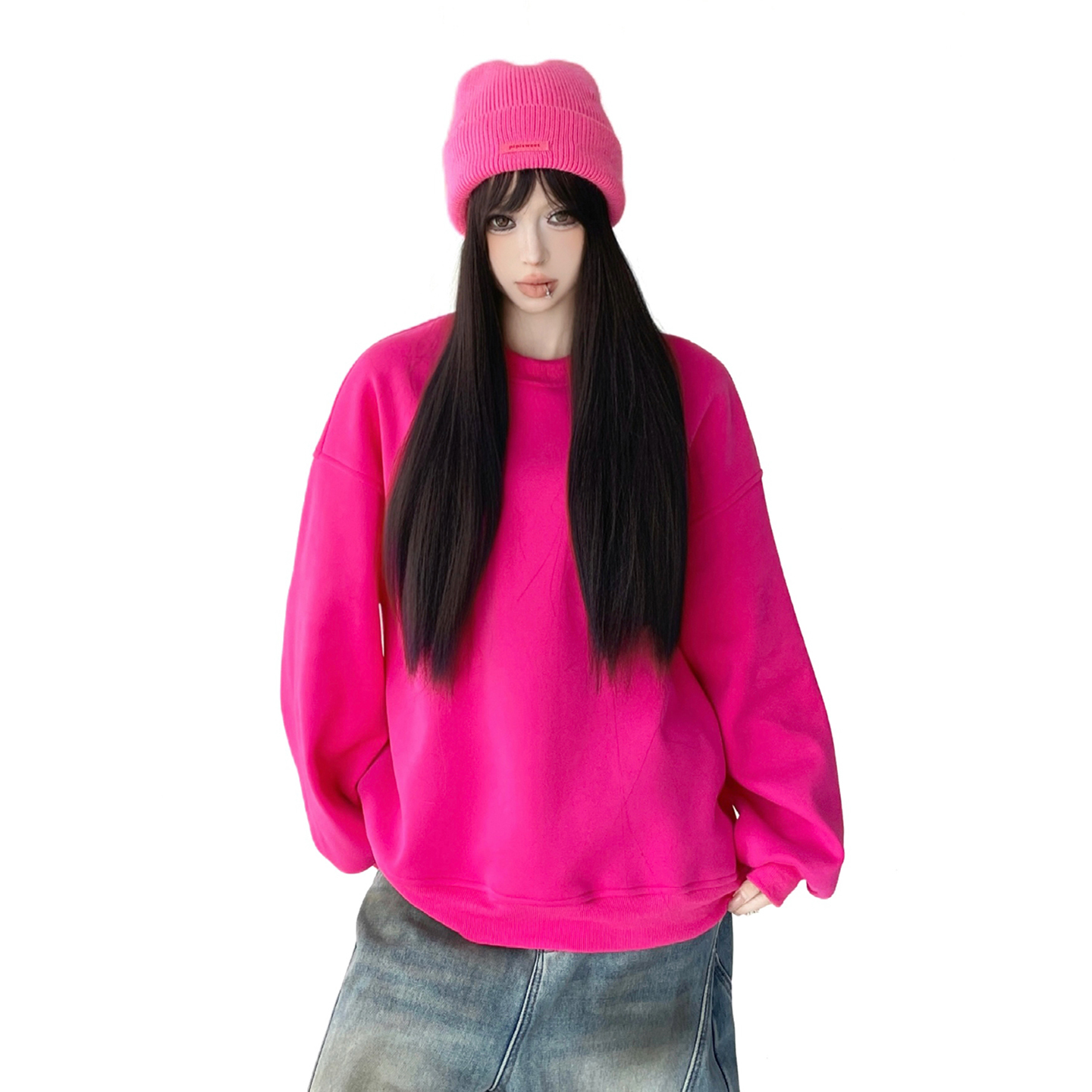 玫红色圆领卫衣女2025新款秋冬季宽松情侣高个子学院长袖t恤上衣