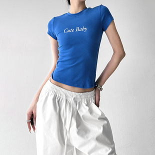美式辣妹风短袖T恤女2026夏季新款蓝色字母印花圆领修身短款上衣