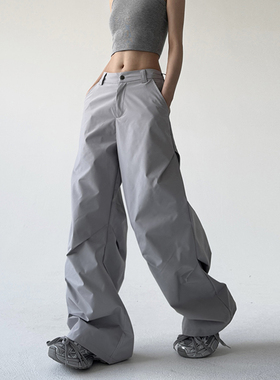2026春夏新款西装裤女新款宽松藏灰色美式高街褶皱显瘦运动阔腿裤