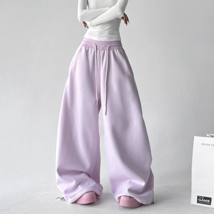 设计感运动显瘦抽绳松紧腰卫裤 女冬季 加绒粉色直筒休闲裤 2025冬季