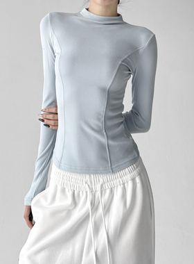 2025秋冬新款打底衫女韩版基础浅蓝色百搭圆领保暖修身长袖上衣