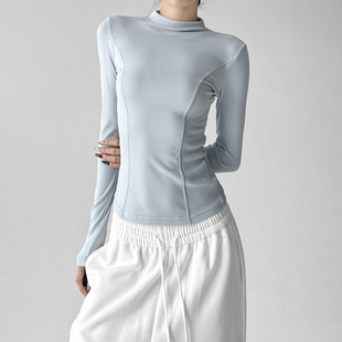 长袖 2025秋冬新款 基础浅蓝色百搭圆领保暖修身 女韩版 上衣 打底衫