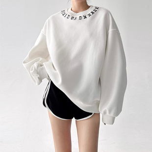 刺绣慵懒风高宽松圆领上衣 新款 oversizeT恤卫衣长袖 女2025秋冬季