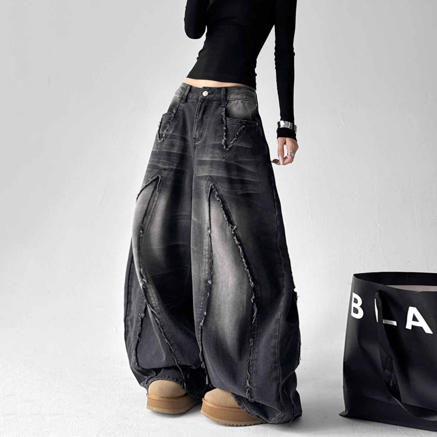 加绒复古水洗辣妹做旧牛仔裤女2025秋冬款新款街舞宽松弯刀拖地裤