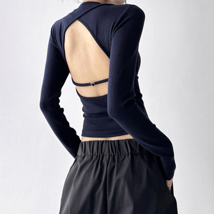 春秋宽松休闲百搭打底衫 T恤女2025新款 上衣 复古藏青色长袖 美式