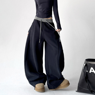 别致抽绳裤 2025冬季 宽松原创设计师款 女士休闲简约弯刀卫裤 女 新款