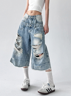 复古街头蓝色破洞双腰牛仔七分裤女2025夏季新款高腰直筒宽松中裤