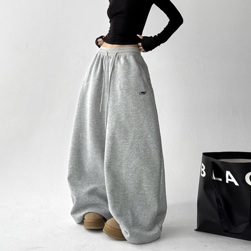 加绒加厚街舞运动休闲裤女2025秋冬装新款灰色高个子卫裤阔腿裤