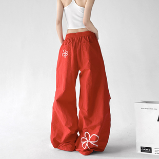 红色户外速干裤女2026春装新款高腰阔腿裤印设计感出游学生宽松裤