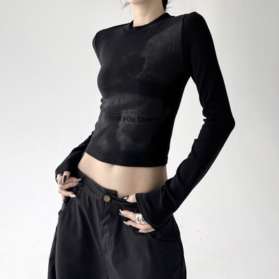 今年流行2025秋装新款美式印花长袖T恤女修身显瘦正辣妹短款上衣