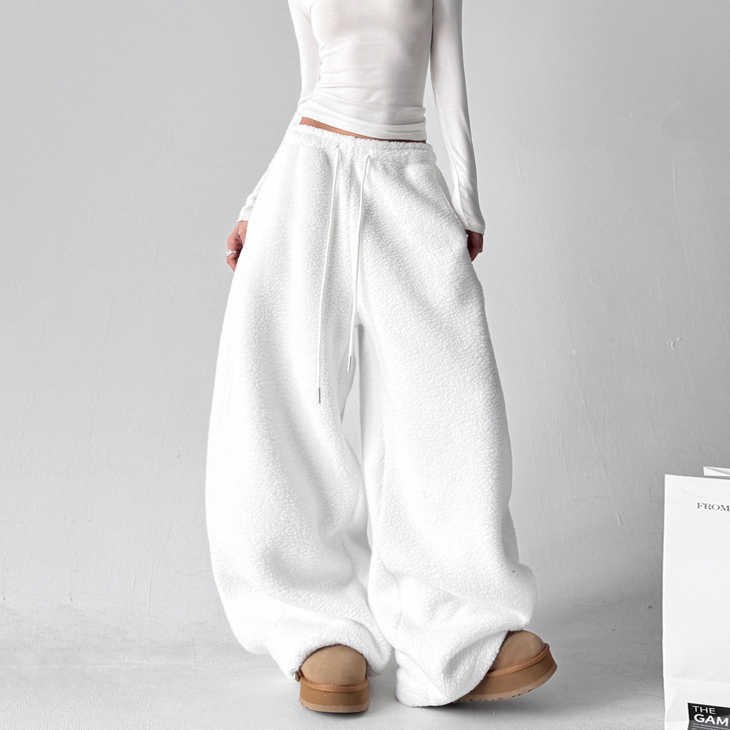 白色双面羊羔绒女冬季2025美式高腰加绒加厚宽松保暖阔腿裤潮,女装/女士精品,休闲裤,淘宝优惠券,粉丝福利购,淘宝优惠卷