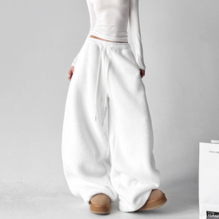 潮 高腰加绒加厚宽松保暖阔腿裤 白色双面羊羔绒女冬季 2025美式