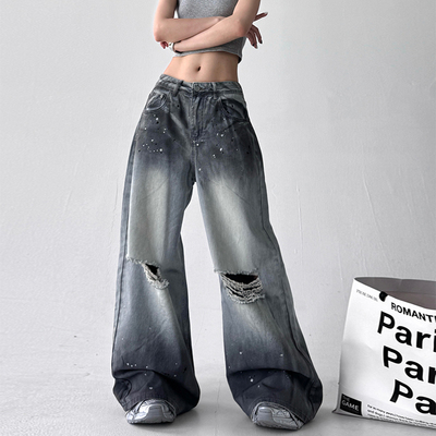 今年流行2025年夏季新款复古重工爆闪休闲时尚高腰破洞牛仔裤女