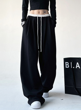 美式黑色运动裤女春夏季宽松休闲加厚卫裤高个子加长针织阔腿裤子