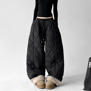 保暖高个子宽松休闲阔腿裤 深冬暖炉黑色棉卫裤 棉裤 新款 女2025冬装