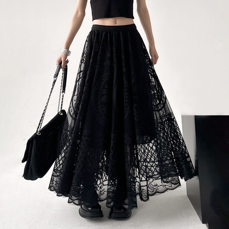 法式高级感黑色蕾丝高腰半身裙女夏季薄款垂感中长款a字伞裙