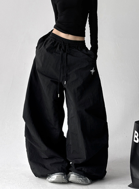 2025美式宽松黑色裤子女冬季加绒松紧腰休闲阔腿工装伞兵裤