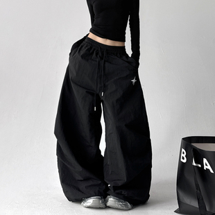 伞兵裤 2025美式 加绒松紧腰休闲阔腿工装 子女冬季 宽松黑色裤