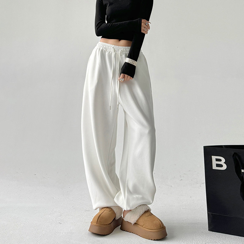 白色运动裤女春秋冬季2025新款加绒显瘦宽松阔腿休闲束脚美式卫裤,女装/女士精品,休闲裤,淘宝优惠券,粉丝福利购,淘宝优惠卷