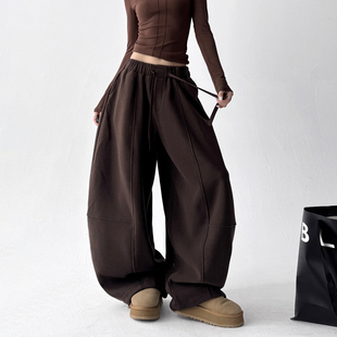 加绒慵懒简约纯色阔腿两穿休闲镰弯刀裤 新款 女2025冬季 糯米香蕉裤