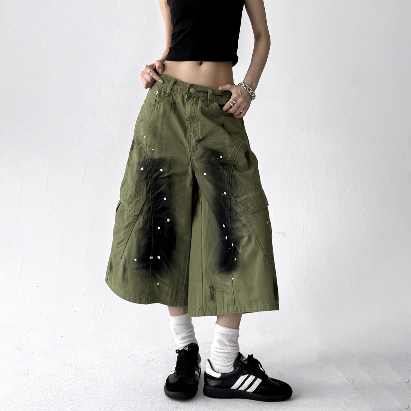 美式复废土风阔腿休闲裤女2025夏装新款潮牌大口袋工装七分裤马裤,女装/女士精品,牛仔裤,淘宝优惠券,粉丝福利购,淘宝优惠卷