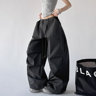 美式工装风降落伞裤女深灰色宽松阔腿裤高街伞兵裤