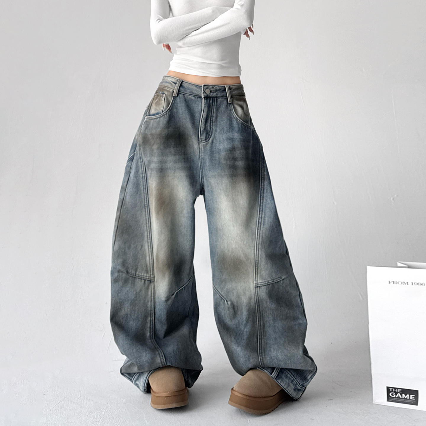 2025加绒冬季新款韩版百搭美式复古做旧水洗弯刀阔腿牛仔裤