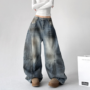 复古做旧水洗弯刀阔腿牛仔裤 2025加绒冬季 百搭美式 韩版 新款