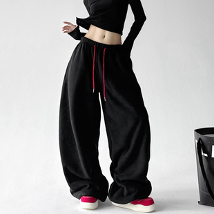 女2025冬季 摇粒绒裤 新款 宽松高腰阔腿裤 休闲裤 今年流行黑色运动裤
