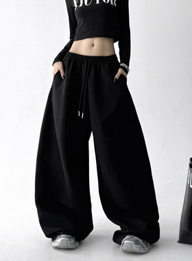 黑色加绒阔腿工装裤2025春秋季新款慵懒感口袋卫裤百搭宽松休闲裤