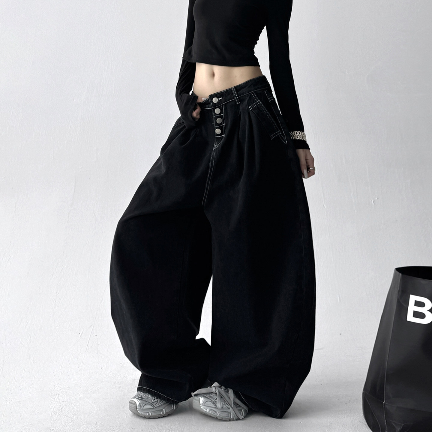 2025秋冬新款韩版明线压边褶皱高腰显瘦百搭宽松阔腿牛仔长裤女潮,女装/女士精品,牛仔裤,淘宝优惠券,粉丝福利购,淘宝优惠卷