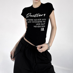 2026春夏新款美式辣妹风黑色字母印花短袖T恤女修身显瘦短款上衣