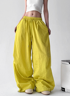 木昱子多巴胺黄色工装裤女夏季薄款美式高腰防晒速干运动阔腿裤