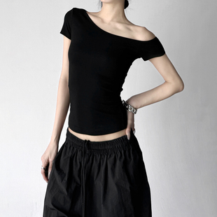 辣妹露肩短款 黑色斜肩短袖 高个子修身 新款 上衣潮 t恤女2026夏季