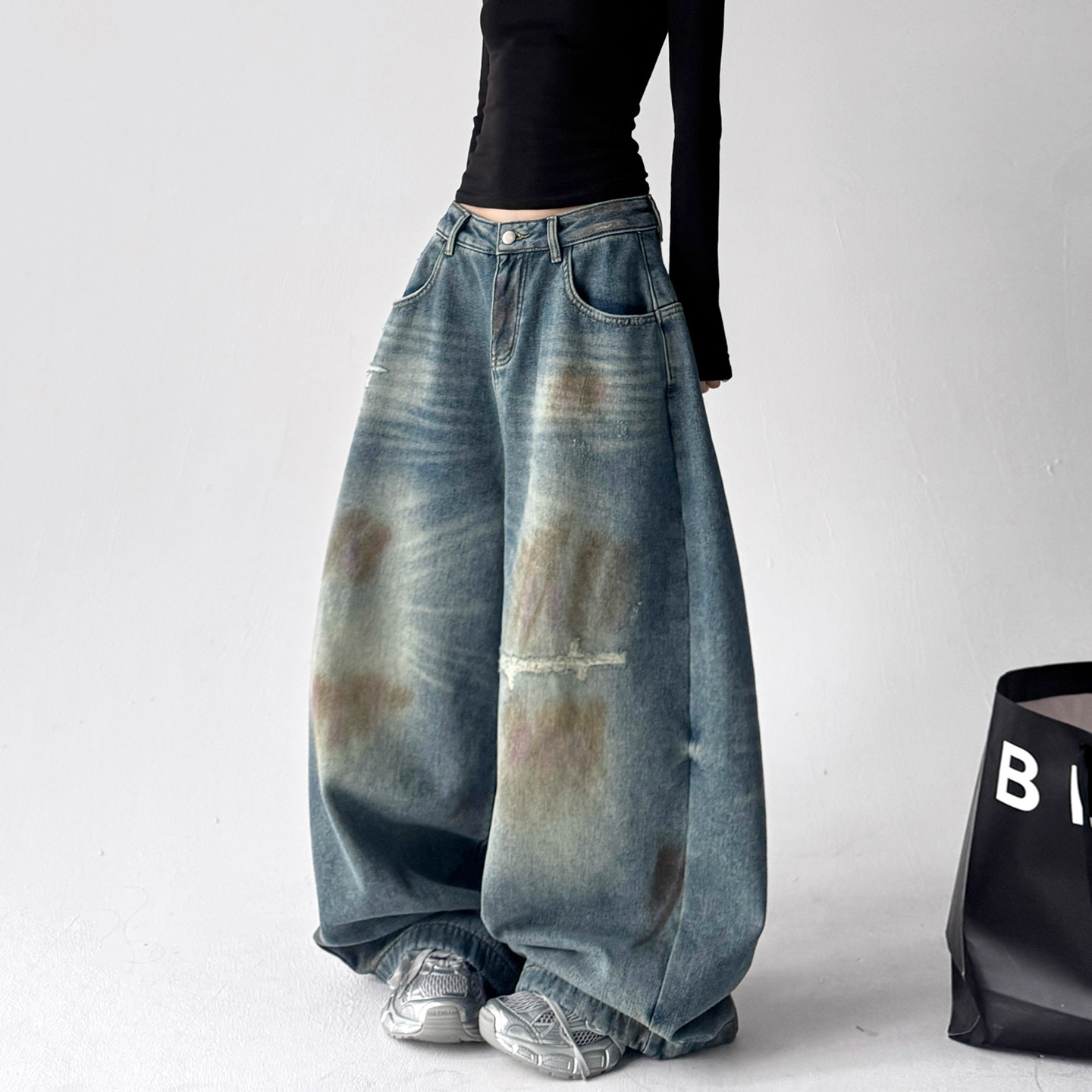 美式冬季做旧闪电纹牛仔裤女新款宽松直筒裤子痞帅嘻哈弯刀裤,女装/女士精品,牛仔裤,淘宝优惠券,粉丝福利购,淘宝优惠卷