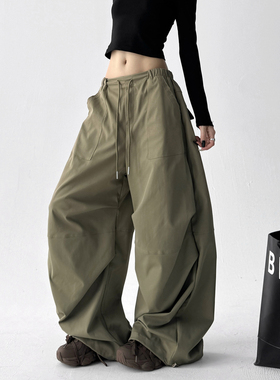 2025秋装新款美式军绿色工装裤女设计感高个子休闲裤宽松阔腿裤