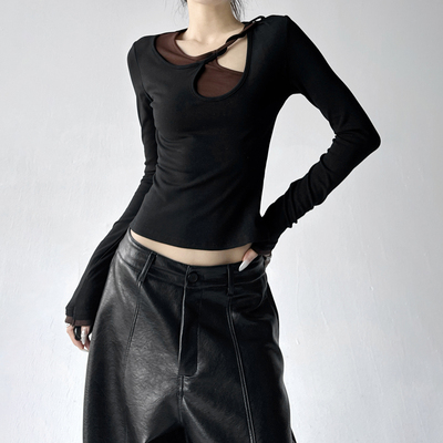 2025甜辣妹修身镂空锁骨打底衫女内搭秋冬高级感正肩长袖t恤上衣