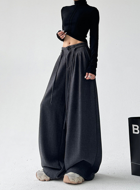 灰色毛呢阔腿裤女秋冬季2025新款高个子高级感垂感宽松拖地长裤