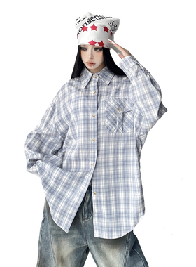 蓝色格子衬衫女2026新款长袖宽松慵懒风开衫外套上衣潮