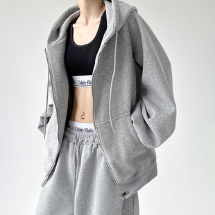 美式 外套 复古灰色连帽卫衣女秋冬2024新款 慵懒风宽松休闲拉链开衫