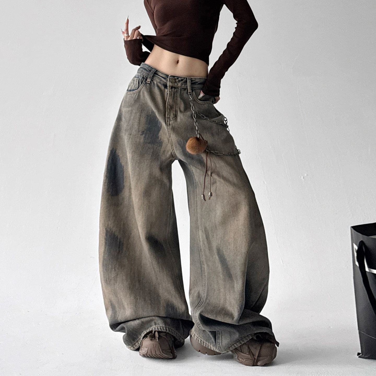 美式复古做旧阔腿牛仔裤女2025秋冬新款宽松做旧直筒废土风长裤女
