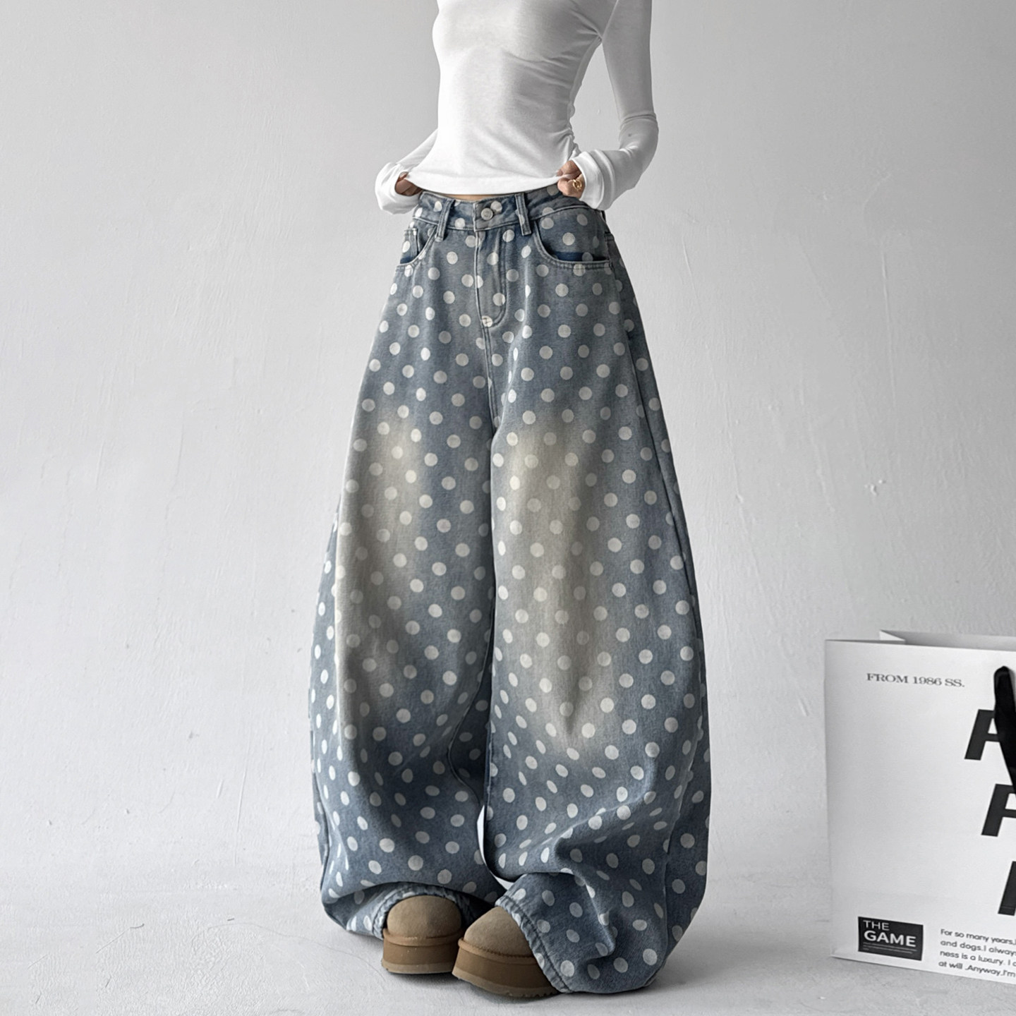 2025冬季加绒裤子蓝色波点牛仔裤显瘦慵懒风宽松阔腿裤子高品质,女装/女士精品,牛仔裤,淘宝优惠券,粉丝福利购,淘宝优惠卷