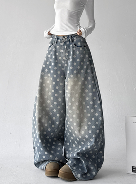 2025冬季加绒裤子蓝色波点牛仔裤显瘦慵懒风宽松阔腿裤子高品质